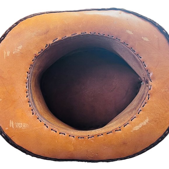 Vintage Handstitched Tan Leather Top Hat with Velvet Trim, Unique Steampunk - Picture 6 of 7